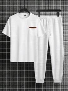 Manfinity Homme 2pcs Men Crew Neck Short Sleeve Pocket Texture Simple T-Shirt & Pants Suit - Navy Blue - View 5