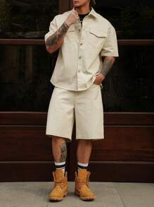 DAZY 2pcs/Set Men's Solid Color Casual Shorts & Short Sleeve Shirt Set - Grey - View 7