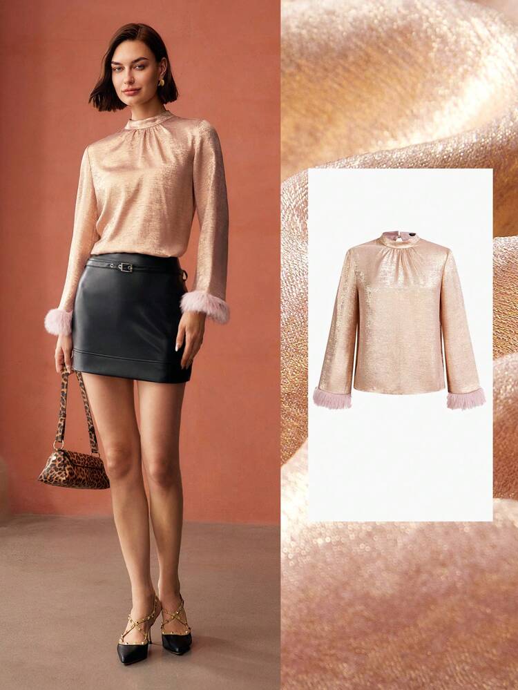 MOCK NECK CONTRAST FUZZY CUFF FOLD PLEATED BLOUSE