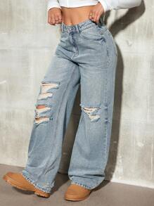 SHEIN EZwear 女士休闲破洞直筒牛仔裤