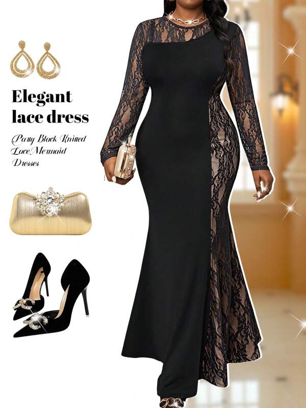 Fleurora Spring And Summer Autumn And Winter Elegant Cocktail Party Party Black Knitted LaceRound Neck Mermaid Contrast Lace Long Long Sleeve Plus Size Dresses Winter Women Clothes Thanksgiving Women Outfit Women Skirts Long Sleeve Dress Thanksgiving Dress New Year Eve Dress Holiday