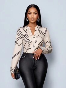 SOLERSUN Elegant Commuter Daily Outgoing Work Shirt For Women, Apricot Line Print V-Neck, Front Center Pleats, Long Sleeve (Random Floral) Fall Cloth For Women - Apricot - View 1