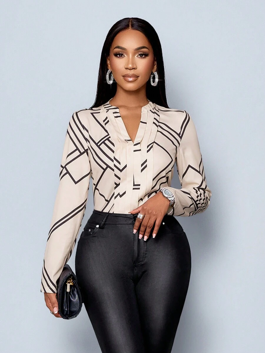 SOLERSUN Elegant Commuter Daily Outgoing Work Shirt For Women, Apricot Line Print V-Neck, Front Center Pleats, Long Sleeve (Random Floral) Fall Cloth For Women - Apricot - View 1