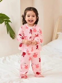 SHEIN 2pcs Baby Girl Cute Rabbit Full Print Textured Fabric Loose Fit Long Sleeve Top And Long Pants Casual Home Outfit Set - Pink - View 1