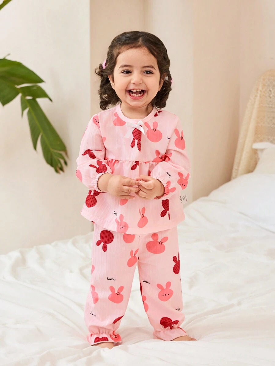 SHEIN 2pcs Baby Girl Cute Rabbit Full Print Textured Fabric Loose Fit Long Sleeve Top And Long Pants Casual Home Outfit Set - Pink - View 1