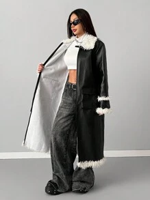 SHEIN EZwear 女士西部音乐会外出羊毛保暖毛绒领黑色皮革中长夹克外套 - 黑色 - 查看 7