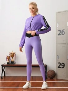 Cheerettes 2 件套女士运动服套装，撞色拼接连帽衫和紧身裤，适合情人节日常训练和休闲运动