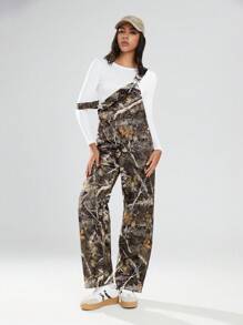 TRNVIE 1 bộ đồ liền thân in hình cành cây màu xanh ô liu dành cho nữ có túi và dây đeo yếm, bộ đồ liền thân mùa đông thông thường - xanh quân đội - Xem 5