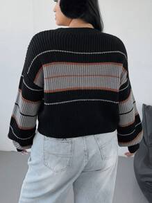 POPSWAY 大码女式休闲套头短款撞色长袖针织衫秋冬款 - 黑色 - 查看 2