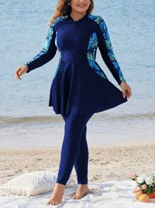 Swim Mulvari Plus Size Long Sleeve Printed Split Two-Piece Burkini SummerArabic Clothing - Blue - View 6