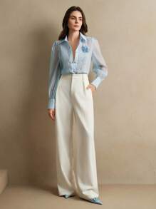 Anewsta Áo thun nữ xuân/hè mới ren chiffon chắp vá hoa thủ công trang trí thường ngày đi làm, lưới - Màu xanh lam - Xem 7
