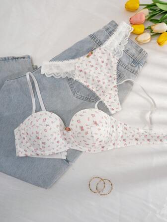 PetitDoll 2pcs/Set Women Lace Patchwork Wirefree Lingerie Bra And Panty Set, Spring Clothes