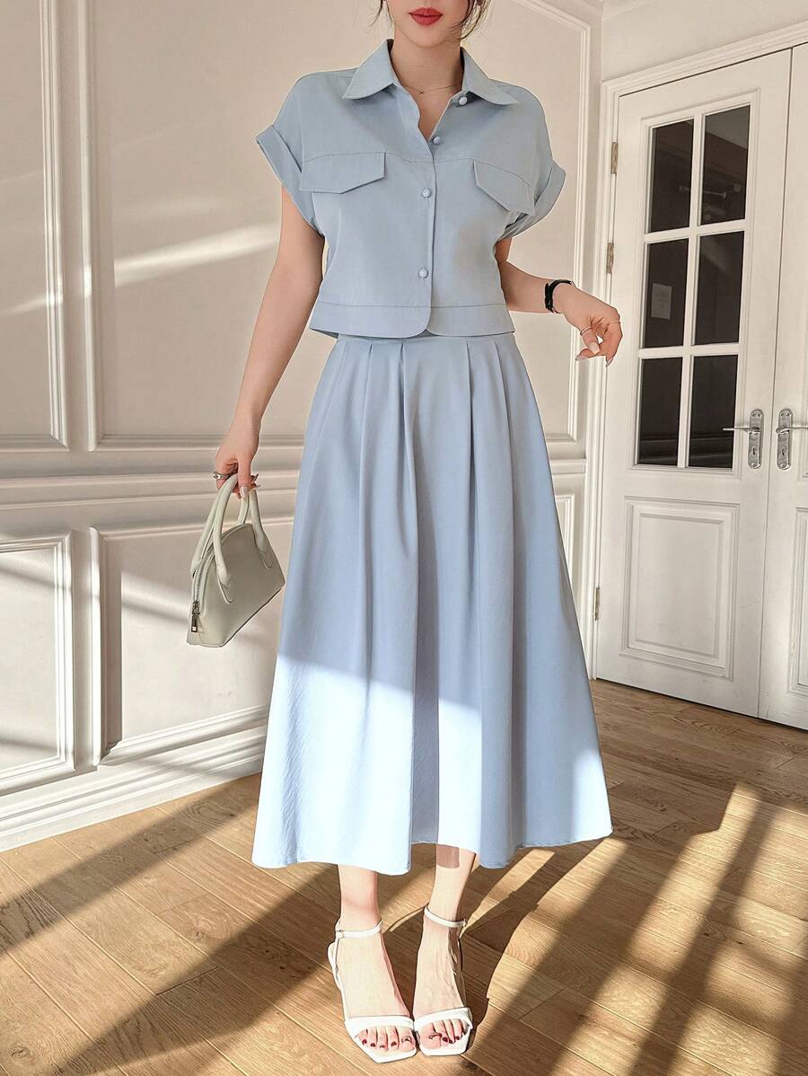 DAZY 2pcs Plain Cropped Shirt & Skirt Set For Women - Blue - View 1