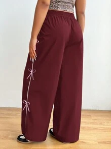 CovetEZ Plus Size Pink Bow Decor Drawstring Waist Cargo Pants For Summer - Burgundy - View 2