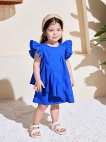 SHEIN 可爱蓝色荷叶边盖袖女童夏装 - 藍色 - 查看 6