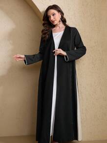 Al Najma 女士传统条纹宽松长袍，棕色 - 黑色 - 查看 7