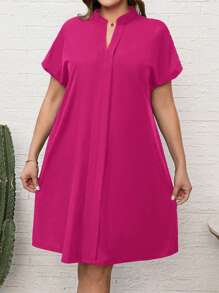 EMERY ROSE Plus Size Summer Notched Neckline Black Short Sleeveblack Dress With Cut-Out Detail - Hot Pink - View 6