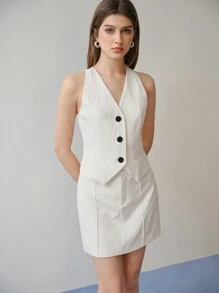 MOTF STUDIO STRIPED BUTTON UP WAISTCOAT & SKIRT,SPRING/SUMMER - Beige - View 8