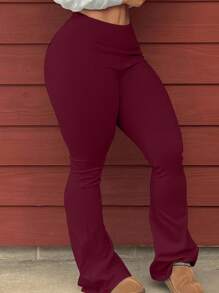 INAWLY Plus Size Women's Solid Color Flared Casual Pants, Versatile - Burgundy - View 3