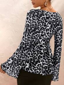 Opulessa Women's Fitted Deep V-Neck Flare Sleeve Leopard Print Knitted Mesh Vacation TopLong Sleeves Woman,Sexy,Party, VCAY - Black - View 2