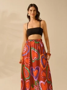 CAJUNI 女士彩色心形印花、波西米亚风印花长裙、假日休闲沙滩夏季黑色裙子 - 彩色 - 查看 6