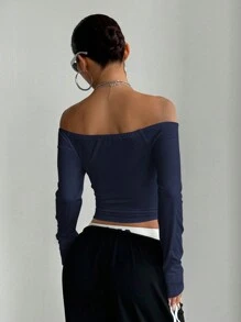 StreetHx 女式露肩大字母印花修身长袖 T 恤，秋季 - 藏蓝色 - 查看 2