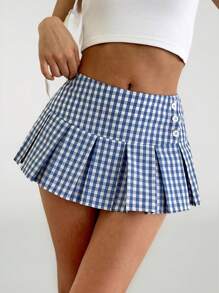 SHEIN PETITE 女士格子印花简约日常 A 字裙、网球裙系列 - 藍色 - 查看 8