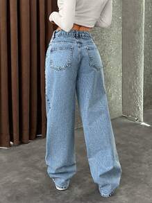 EURMUSE HIGH RISE STRAIGHT JEAN STITCH DETAIL - Medium Wash - View 2