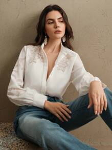 Anewsta 高端品质创新小众法式蕾丝拼布女式长袖衬衫 - 白色 - 查看 1