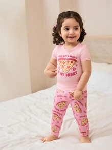 SHEIN 2 pièces/set vêtements d'intérieur confortables pour bébé fille, avec imprimé d'éléments de pizza rose, comprenant un legging à manches courtes - Rose bonbon - Voir 7