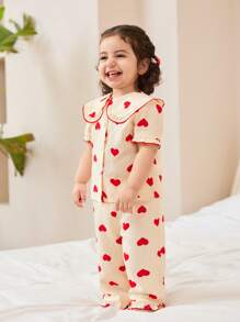 SHEIN 女宝宝简约时尚可爱心形格子印花短袖裤子两件套睡衣套装 - 紅白色 - 查看 7