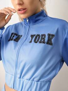 SHEIN Sports جاكيت رياضية قصيرة كم طويل سحاب أمامي منقوشة بحروف مبسطة للنساء - أزرق غامق - مشاهدة 7