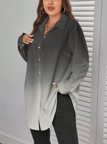 SHEIN Essnce Camisa de manga larga para mujer talla grande, camisa estampada con degradado, ropa de mujer para otoño, blusas con mangas para uso profesional, blusas de mujer de manga larga para otoño - Gris - Ver 6