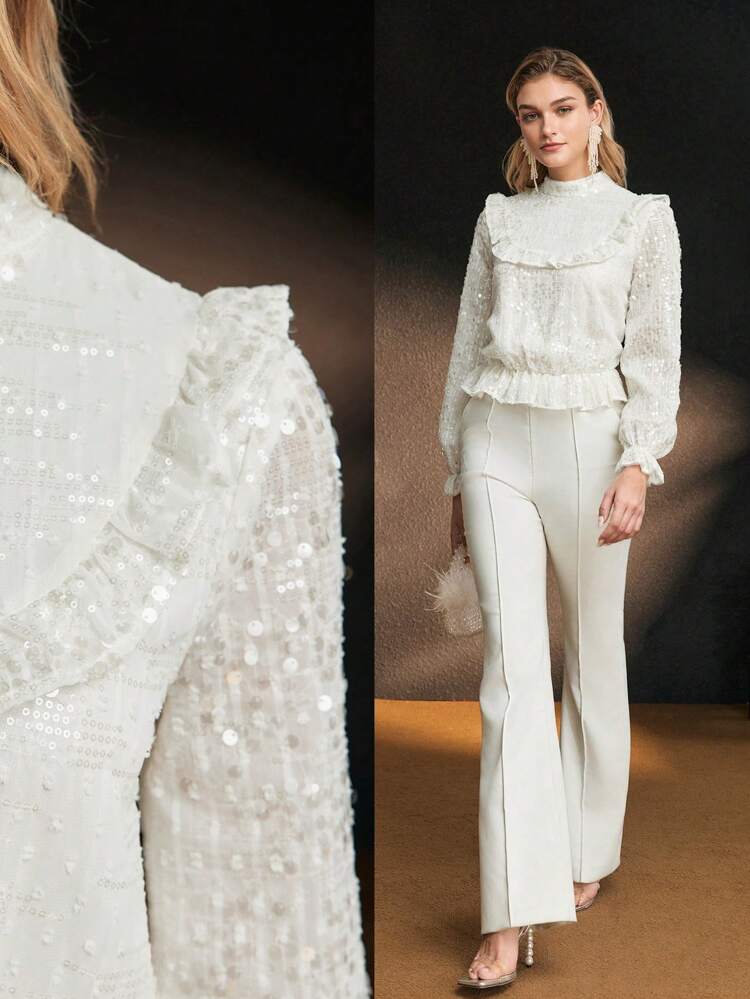SEQUINS SOLID MOCK NECK FLARE SLEEVE RUFFLE TRIM PEPLUM TOP