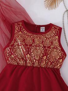 SHEIN 2 Pcs/Set Young Girl Spring Autumn Foil Print Shawl Coat & Dress Set - Red - View 4