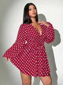 Celure 大码女式圆点 V 领长袖休闲连衣裙，简约时尚，适合日常穿着