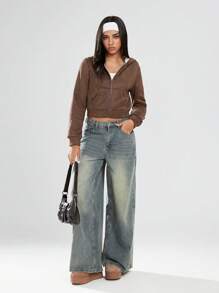 TRNVIE 1件女士抓绒短款露脐卫衣，棕色，休闲街头风，冬季套头衫 - 棕色 - 查看 1