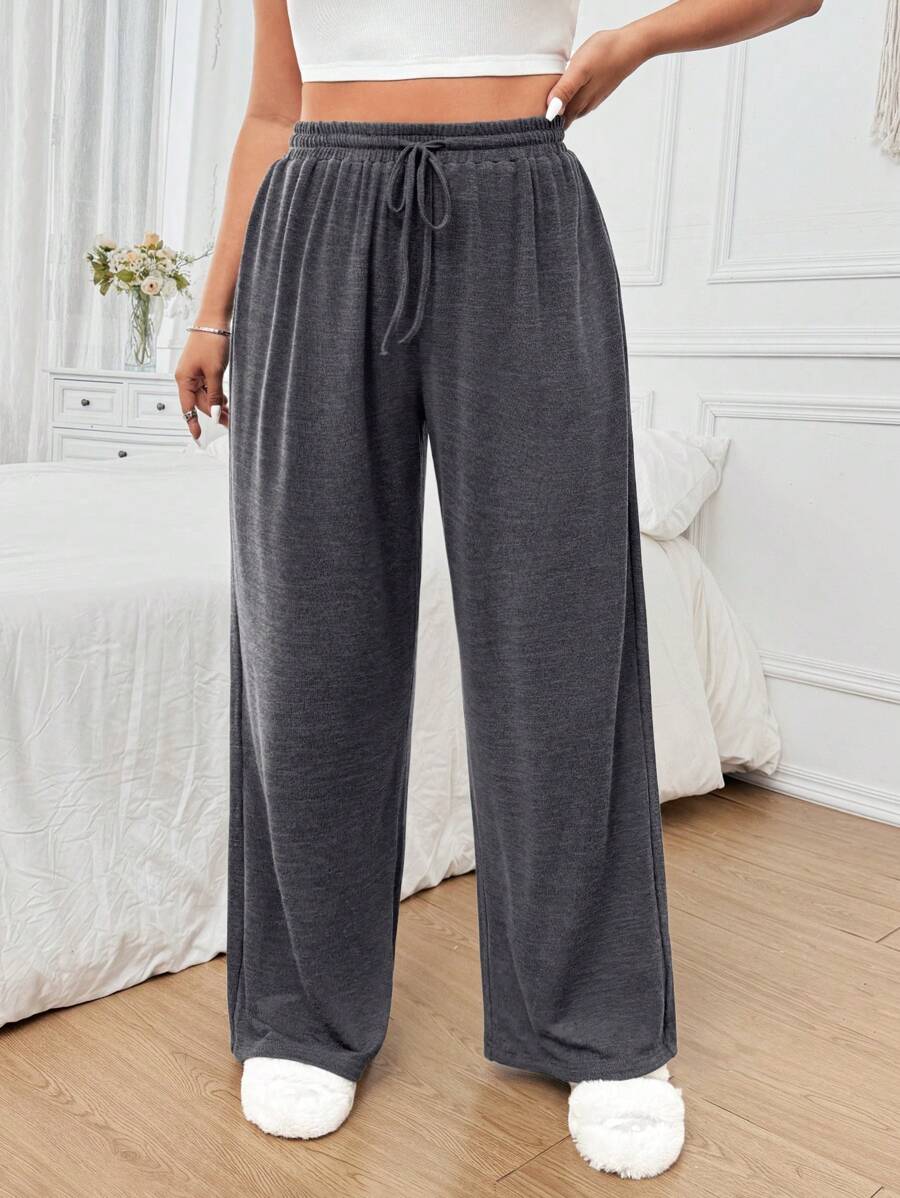 Flirla Plus Size Women's Loose Fit Drawstring Waist Casual Wide Leg Pants - Grey - View 1