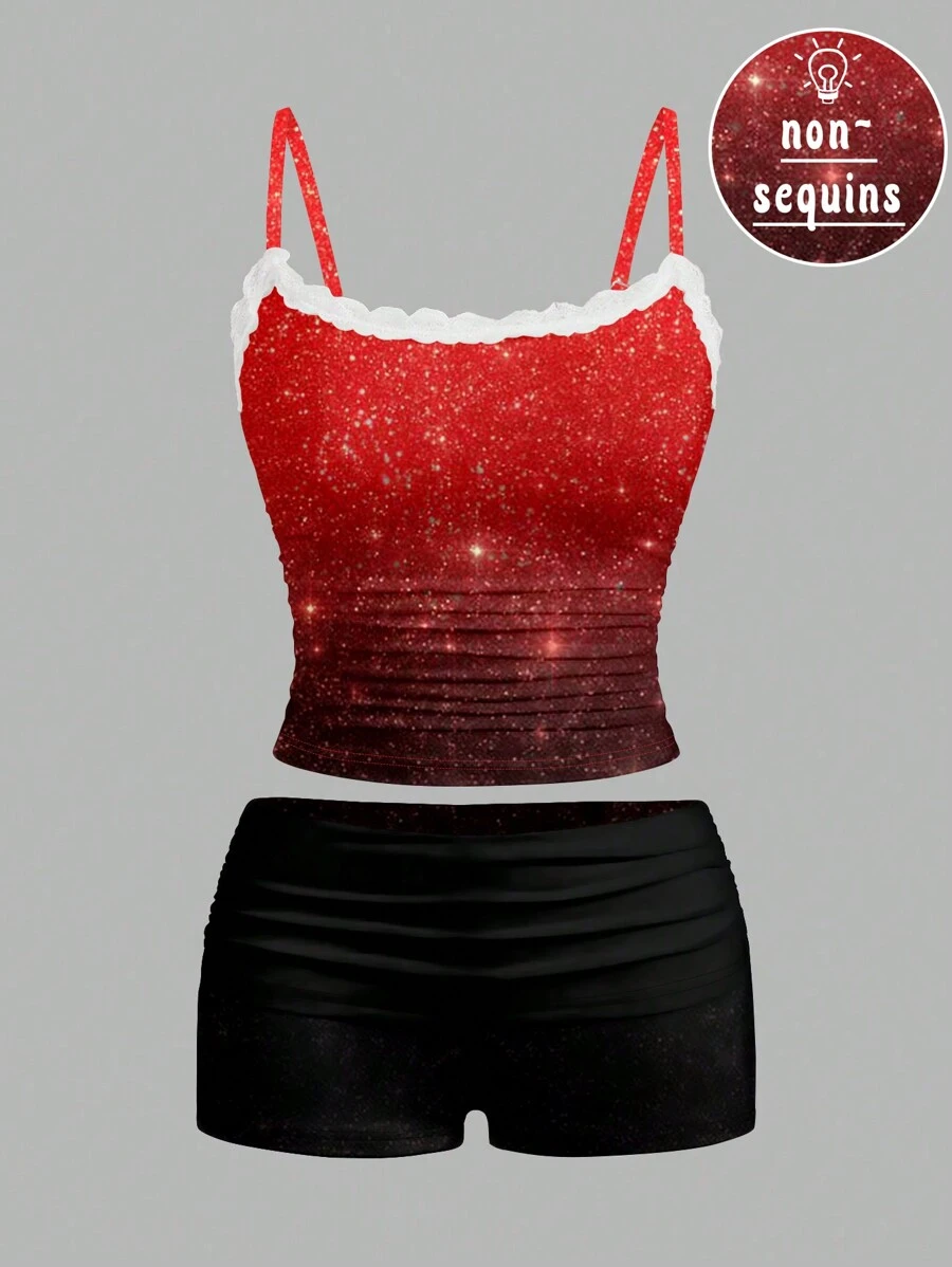 ORANGE STUDIO Artist 2pcs Women Casual Sparkle New Year Holiday Print Cami Top & Shorts Set, Suitable For Summer & Autumn Occasions, Vacation, Valentine's Day, Going Out, Festival - Burgundy - View 1