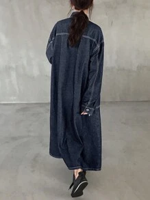 FRIFUL Women's Front Button Long Sleeve Pocket Simple Casual Jean Dress - Black - View 5