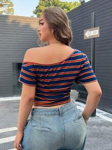 SHEIN EZwear Áo thun tay ngắn vai bất đối xứng nhiều màu sọc cỡ lớn, thường ngày & thời trang để mặc hàng ngày cho mùa hè - Nhiều màu - Xem 2