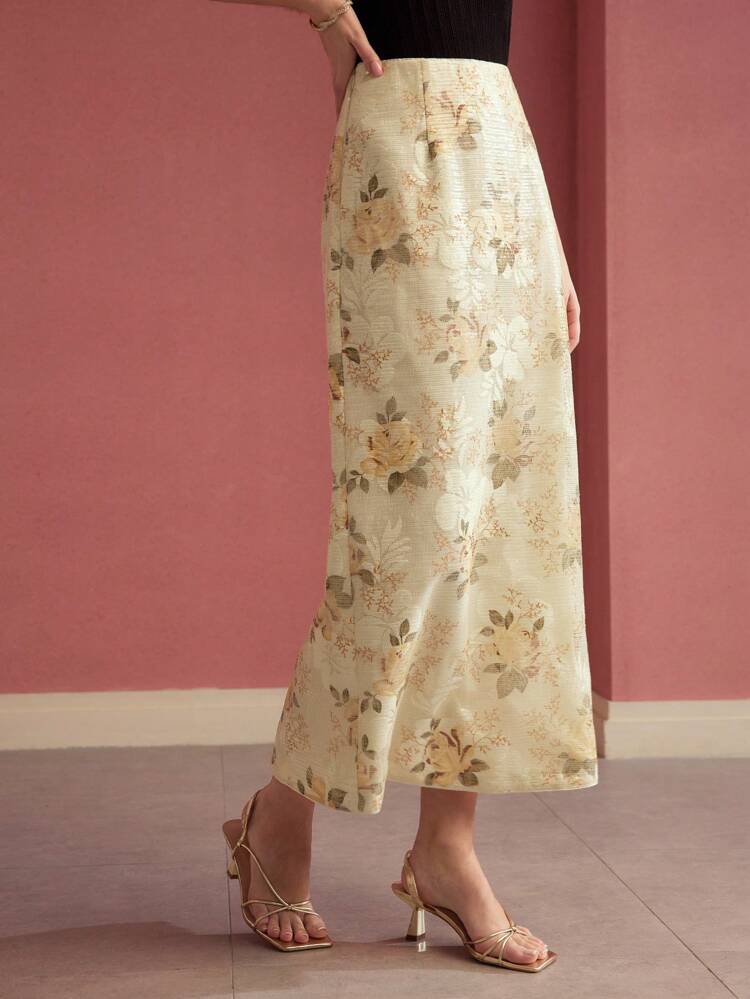 FLORAL PRINT SPLIT HEM A LINE SKIRT, SEQUINS,SPRING/SUMMER