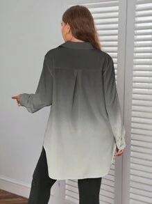 SHEIN Essnce Camisa de manga larga para mujer talla grande, camisa estampada con degradado, ropa de mujer para otoño, blusas con mangas para uso profesional, blusas de mujer de manga larga para otoño - Gris - Ver 2