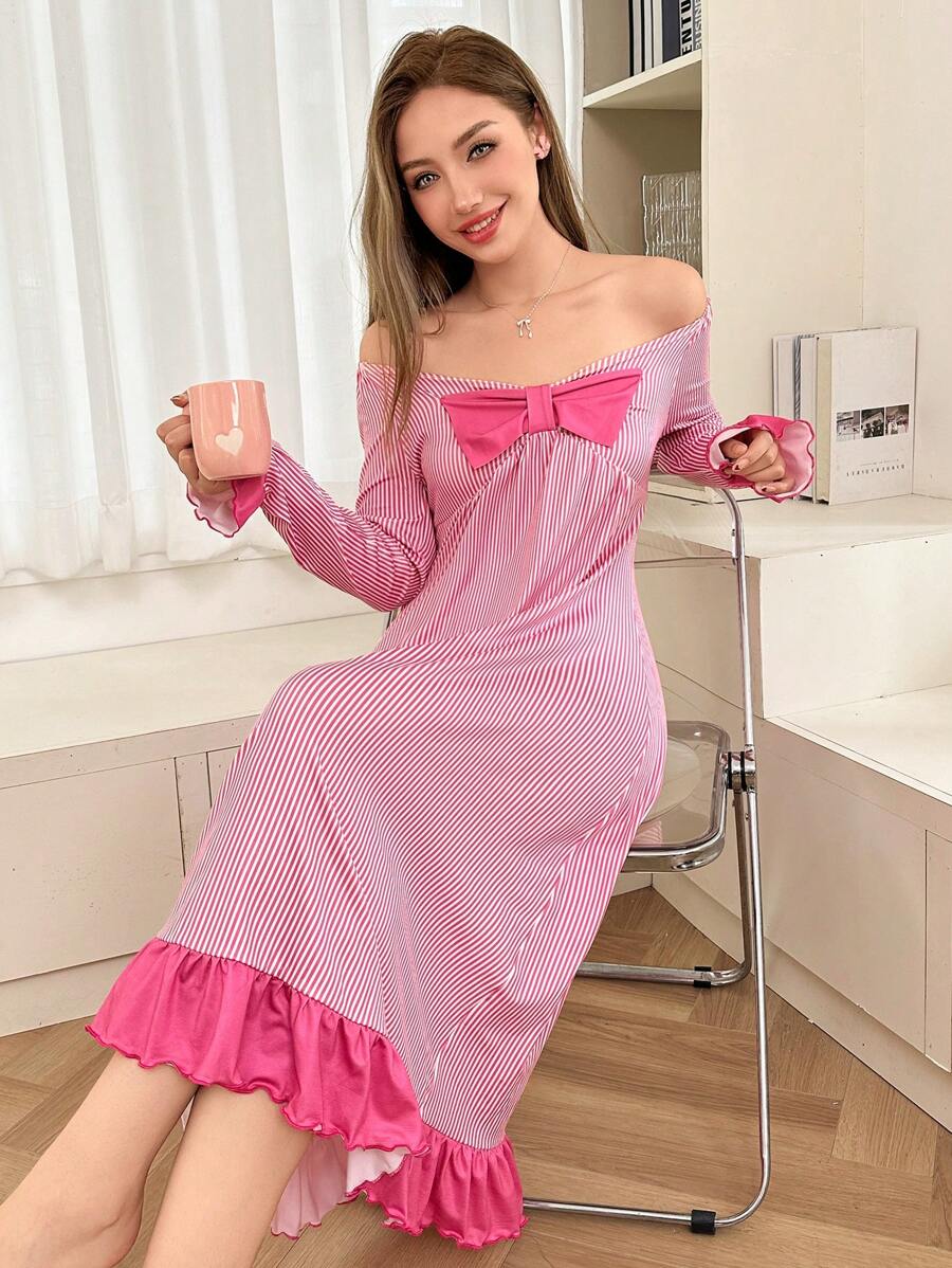 Sweet Striped Pattern Big Bow Ruffle Hem Women Night Dress - Hot Pink - View 1