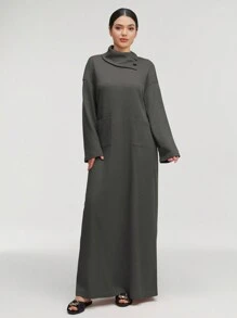 Al Najma 女式纯色高领长袖口袋宽松长款休闲阿拉伯朴素连衣裙，休闲风格，适合日常休闲/旅游/度假/休假/家居服，超长款阿拉伯朴素连衣裙 - 灰色 - 查看 1