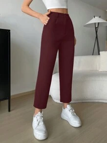 SHEIN EZwear 春季黑色斜口袋七分西装裤 - 酒紅色 - 查看 3