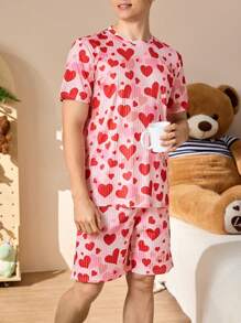 Men's Round Neck Short Sleeve Allover Print Casual Top And Shorts Pajama Set - Multicolor - View 4