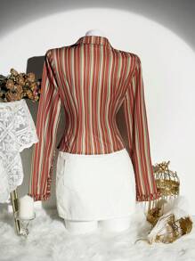 EgrlEra 女式复古条纹印花修身荷叶边下摆长袖衬衫