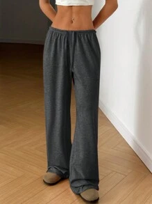SHEIN EZwear Plus Size Gray Drawstring Waist Loose Pants, Suitable For Autumn - Dark Grey - View 4