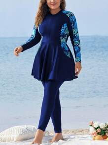 Swim Mulvari Plus Size Long Sleeve Printed Split Two-Piece Burkini SummerArabic Clothing - Blue - View 5